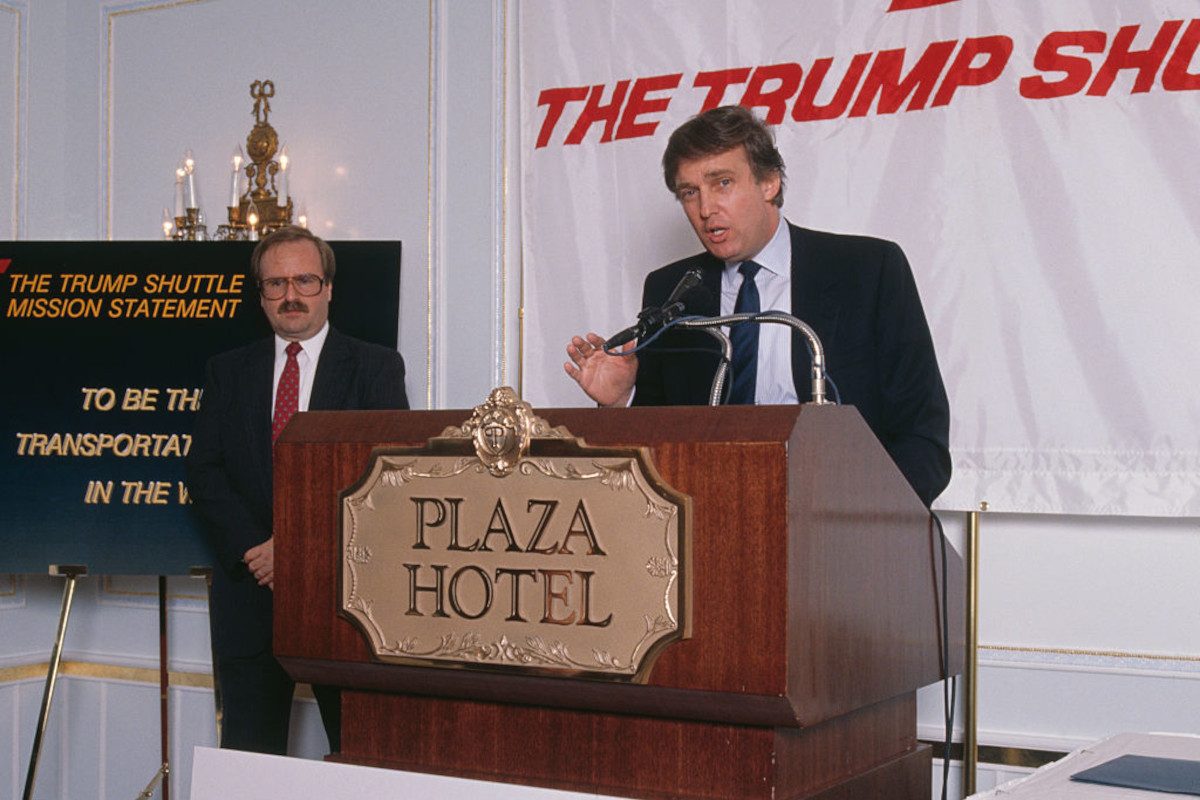 Donald Trump at a press conference at the Plaza Hotel in New York City, to mark the launch of his Trump Shuttle airline, 8th June 1989