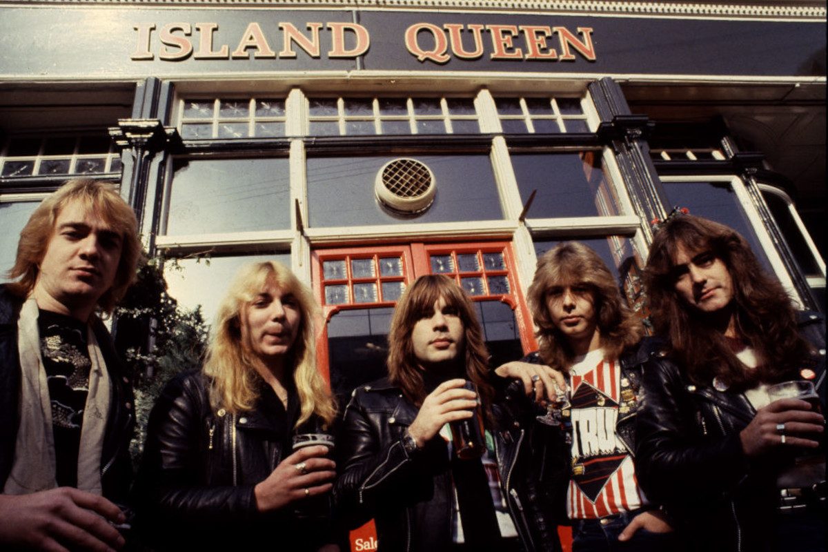 Iron Maiden outside the Island Queen pub in Islington, London, 1982. Left to right: Adrian Smith, Dave Murray, Bruce Dickinson, Clive Burr and Steve Harris