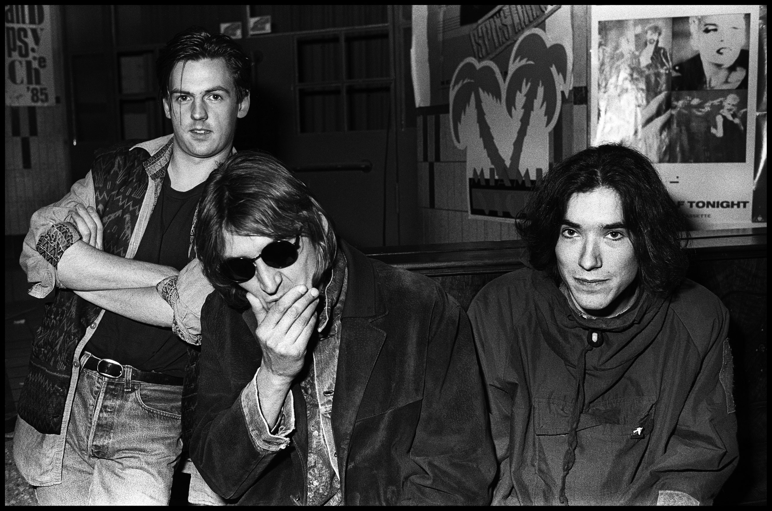 Black and white photo of Talk Talk backstage at Countdown TV show, Netherlands, 1986
