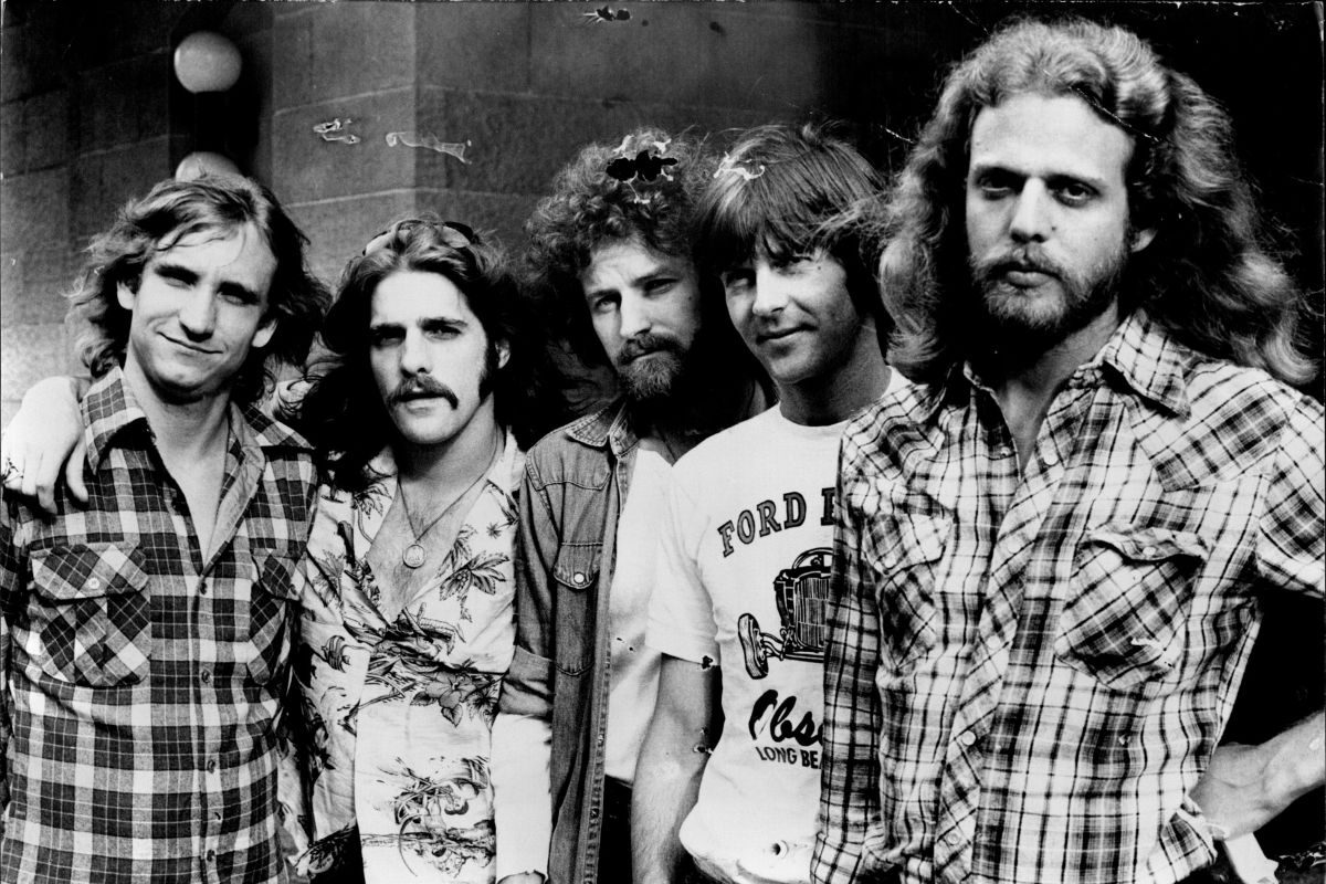Eagles, rock band, 1976. L-R Joe Walsh, Glenn Frey, Don Henley, Randy Meisner, Don Felder