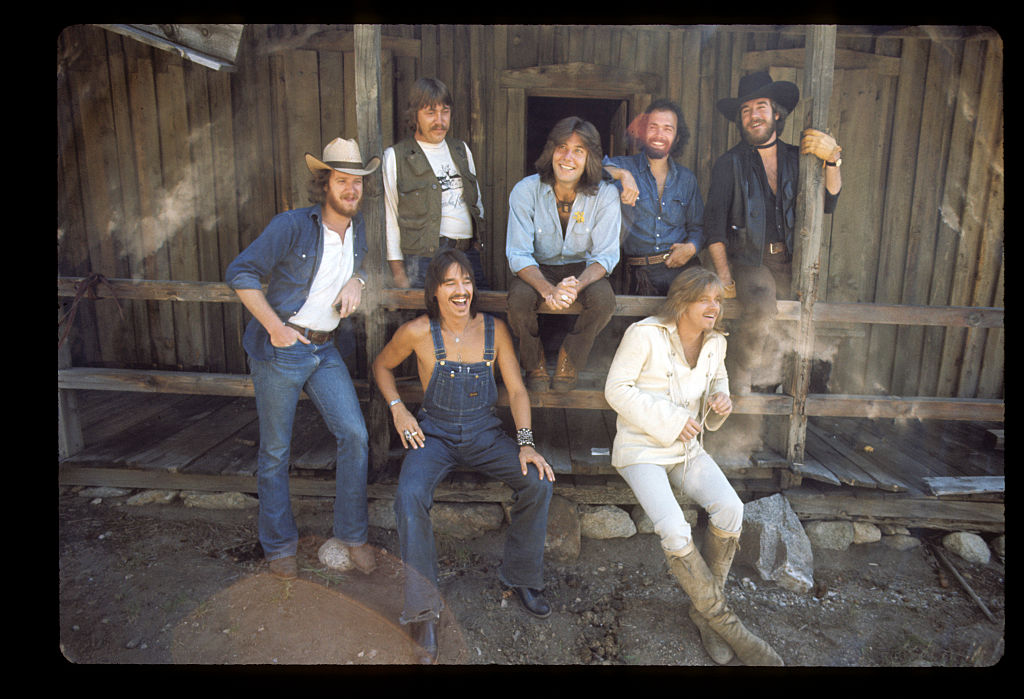 Chicago at their cabin in the Rocky Mountains while making 1973's Chicago VI album. L-R  Lee Loughnane, Terry Kath, Walter Parazaider,  Robert Lamm, Danny Seraphine, Peter Cetera, James Pankow