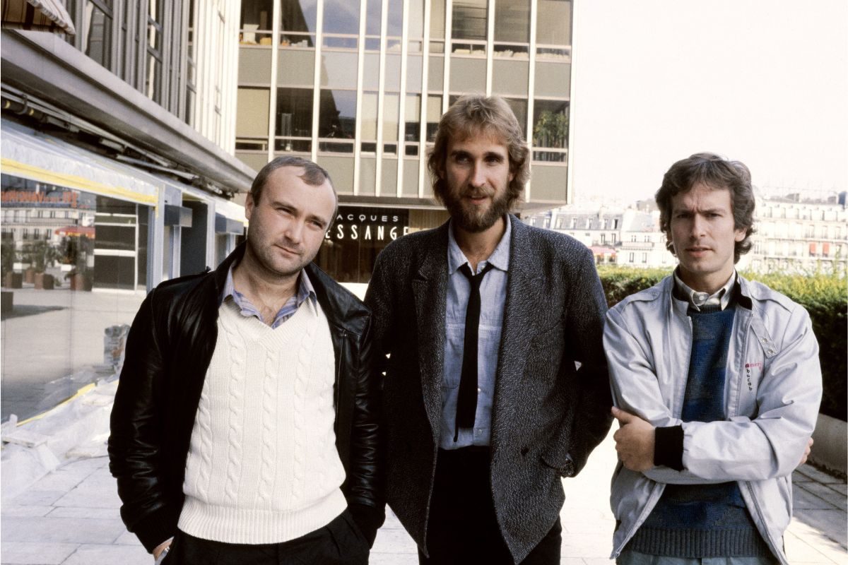 Rock band Genesis, 1983, L-R Phil Collins, Mike Rutherford, Tony Banks 
