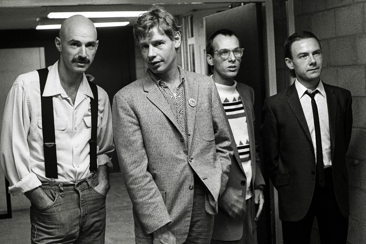 King Crimson, group portrait, backstage at Vredenburg, Utrecht, Netherlands, 12th October 1981. L-R Tony Levin, Bill Bruford, Adrian Belew and Robert Fripp