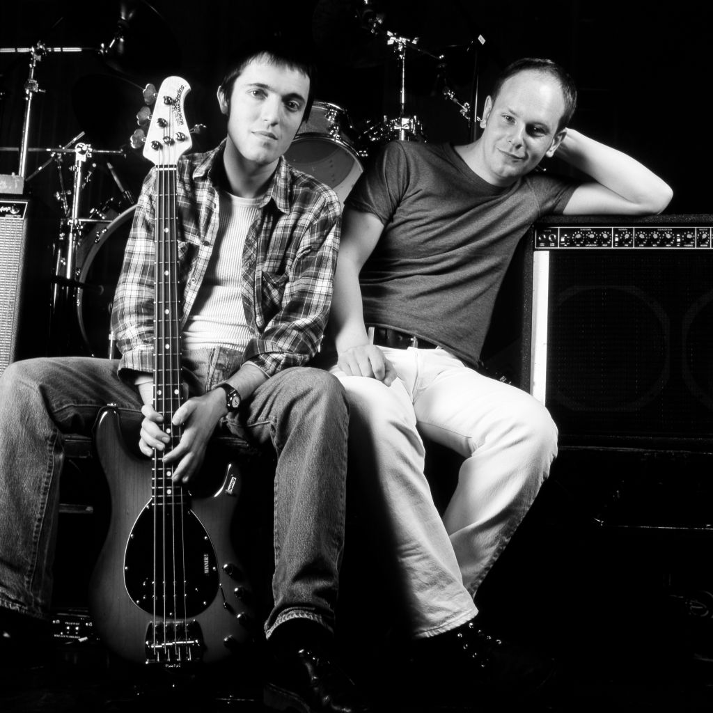 Radiohead rhythm section bassist Colin Greenwood and drummer Philip Selway, portrait, United Kingdom, 1995