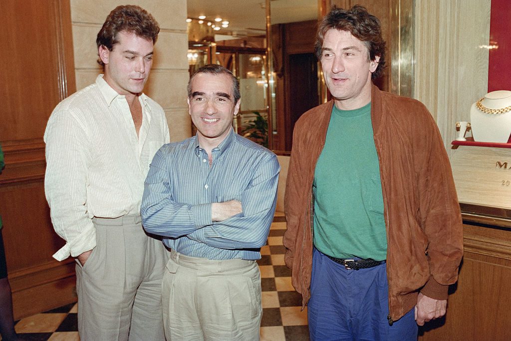 Director Martin Scorsese (centre) and actors Ray Liotta (L) and Robert de Niro (R) at the Crillon hotel, Paris, promoting Goodfellas, September 12 1990