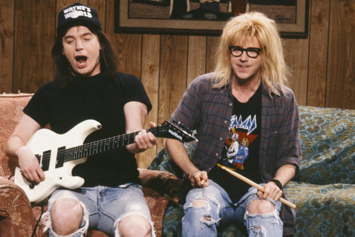 Mike Myers as Wayne Campbell, Dana Carvey as Garth Algar during 