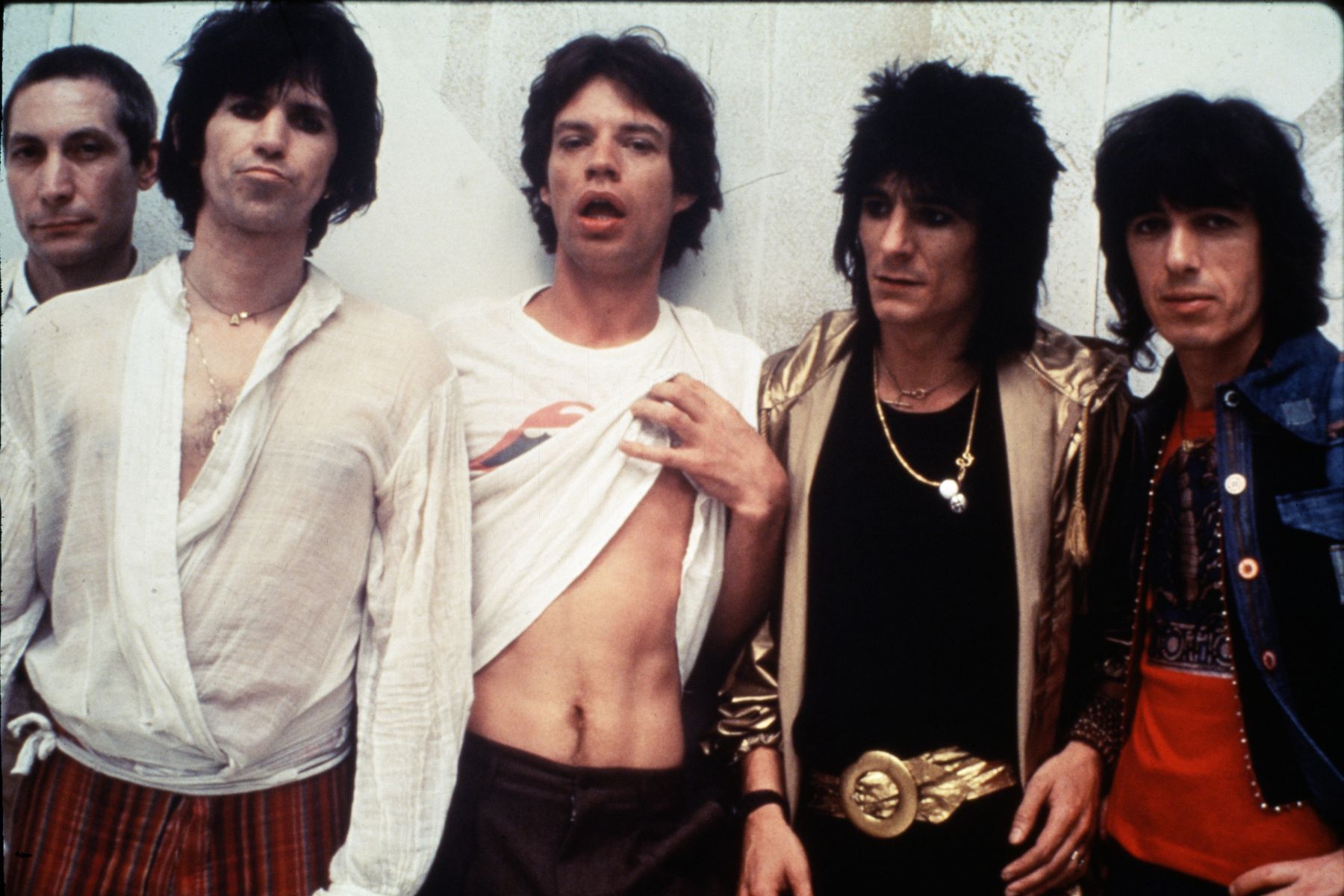 Rolling Stones in New York City in May 1978. Left to right are drummer Charlie Watts, guitarist Keith Richards, singer Mick Jagger, guitarist Ronnie Wood and bassist Bill Wyman