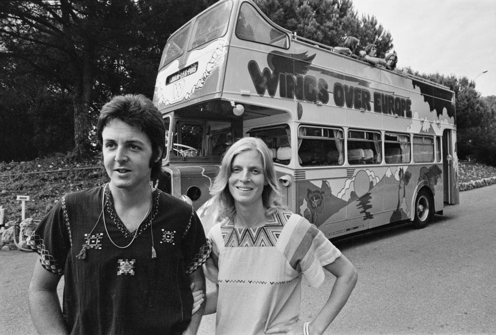 Paul and Linda McCartney in front of the Wings tour bus, Juan-les-Pins, France, 12 July 1972