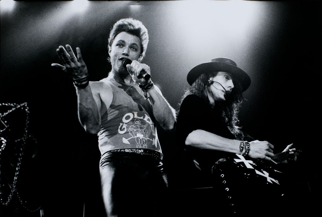 Queensryche, performing on stage, Aardschokdag, Arnhem, Netherlands, 29 April 1989. L-R Geoff Tate, Michael Wilton