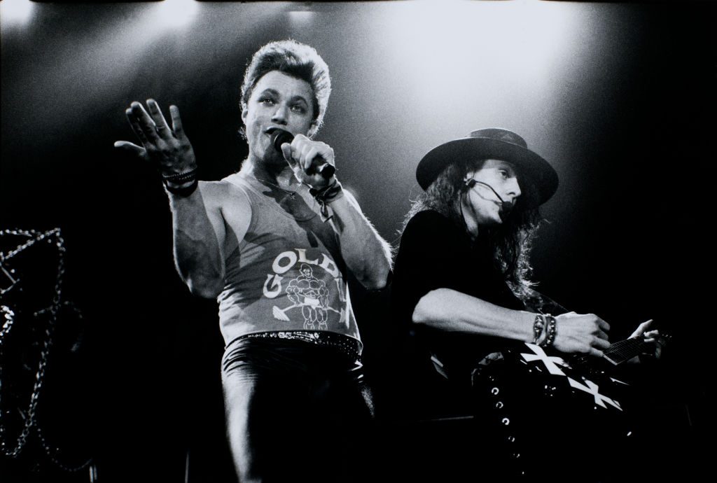 Queensryche, performing on stage, Aardschokdag, Arnhem, Netherlands, 29 April 1989. L-R Geoff Tate, Michael Wilton