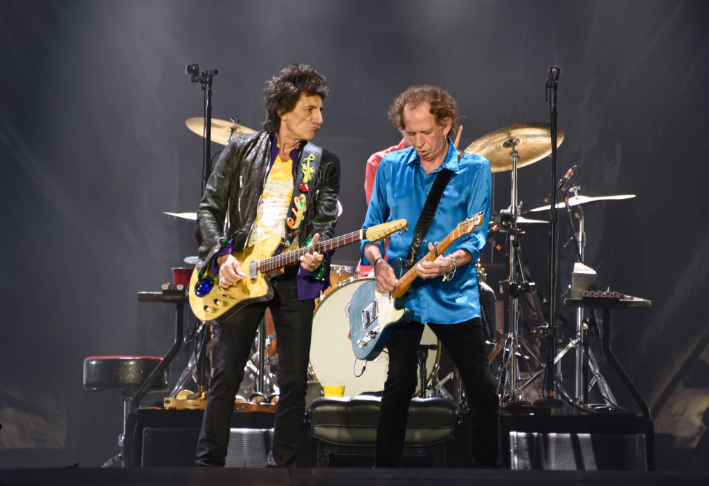 Ronnie Wood and Keith Richards of The Rolling Stones perform onstage at Hard Rock Stadium on August 30, 2019 in Miami Gardens, Florida