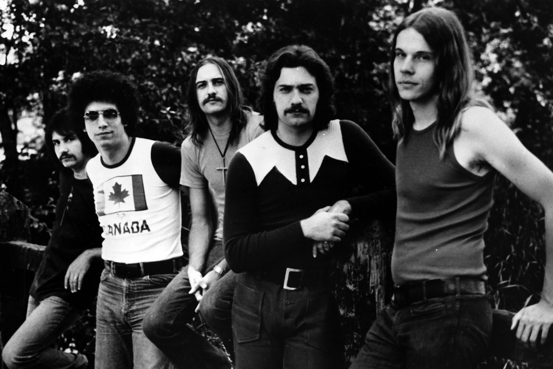 Chuck Panazzo, John Curulewski, Dennis De Young, John Panazzo, James Young of the rock quintet Styx, circa 1973