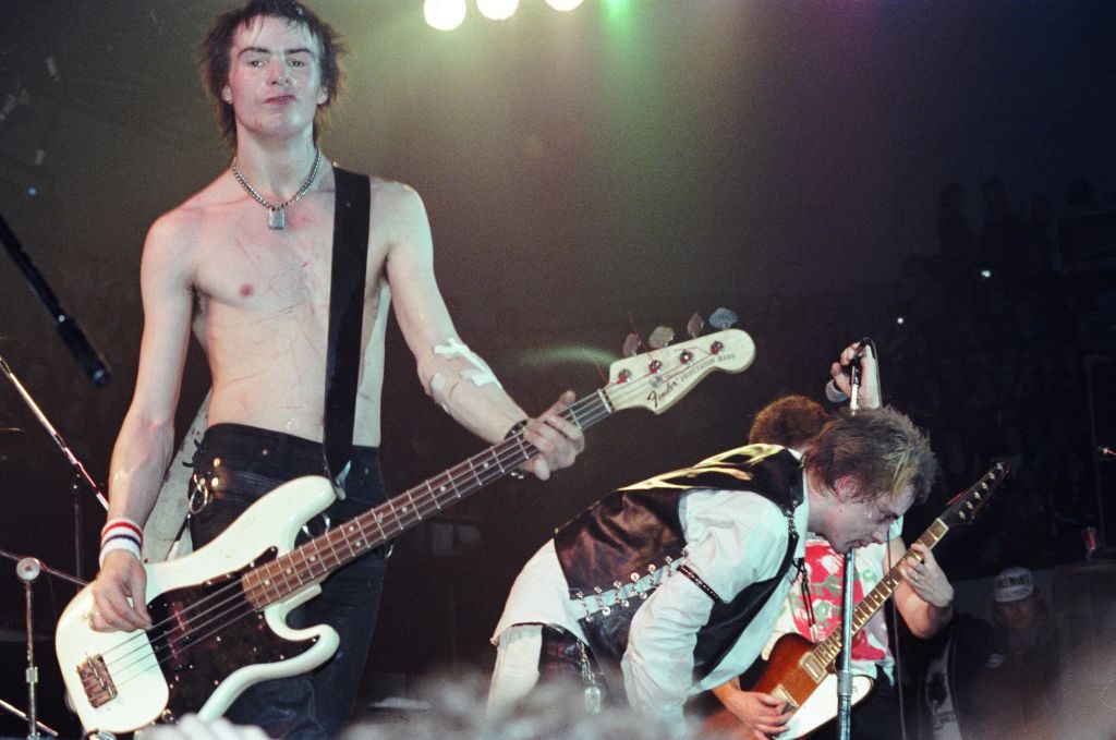 L-R Sid Vicious, Johnny Rotten and Steve Jones of The Sex Pistols at The Winterland Ballroom, San Francisco,14 January 1978