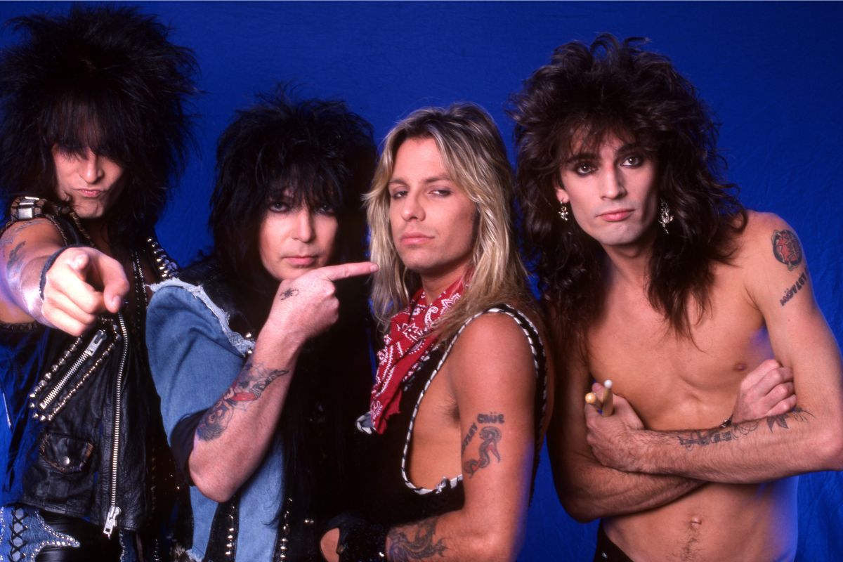 Motley Crue, 1987. L-R Bassist Nikki Sixx, lead guitarist Mick Mars, lead singer Vince Neil, and drummer Tommy Lee
