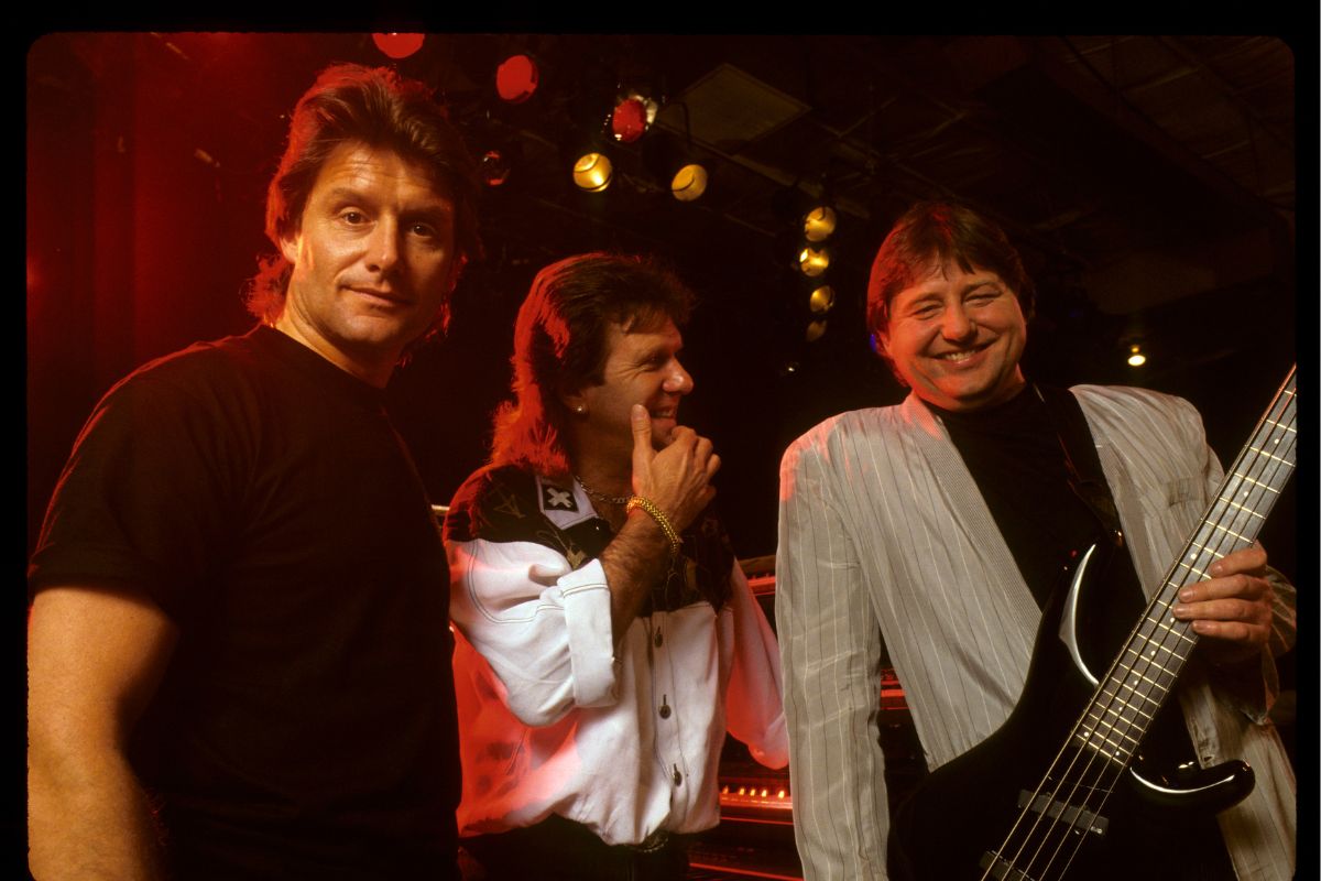 From left, Carl Palmer, Keith Emerson and Greg Lake in concert, 1992