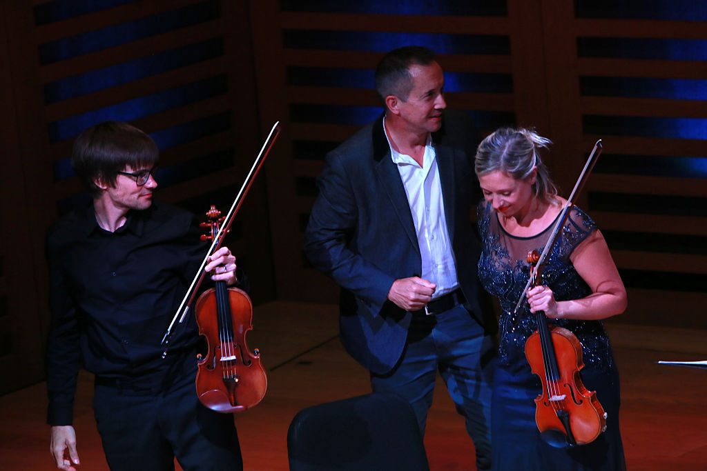 Jonathan Dove (centre) with Ben Hancox and Hannah Dawson of The Sacconi Quartet, 2016