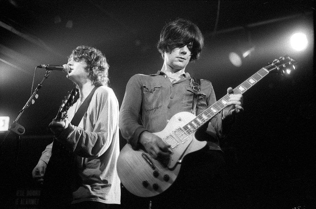 Chris Helme and John Squire of The Seahorses perform on stage, Ireland, 1997