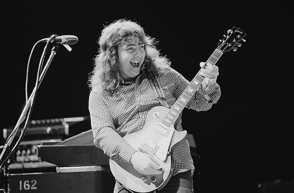Bernie Marsden, guitarist with heavy rock band Whitesnake, playing the guitar on the set of a video shoot at Shepperton Studios, outside London, in 1978