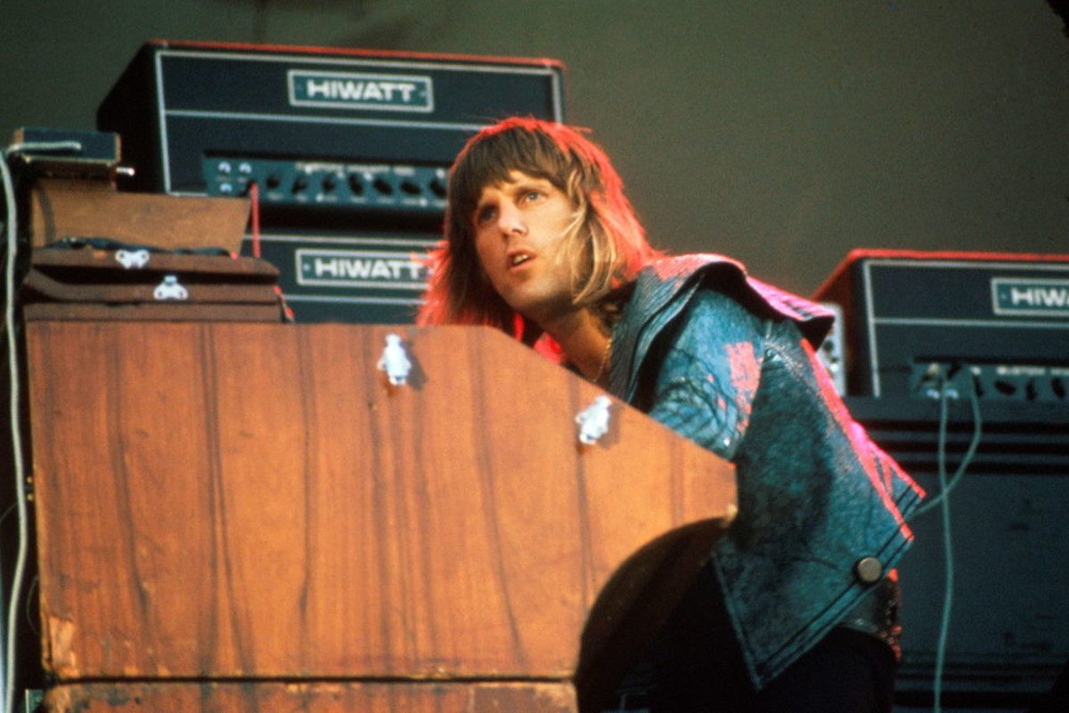 Keith Emerson of Emerson Lake and Palmer performs on stage at the Oval, London, 30th September 1972
