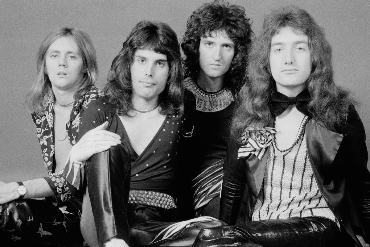 British rock band Queen, London, 1973. Left to right: drummer Roger Taylor, singer Freddie Mercury (1946 - 1991), guitarist Brian May, and bassist John Deacon