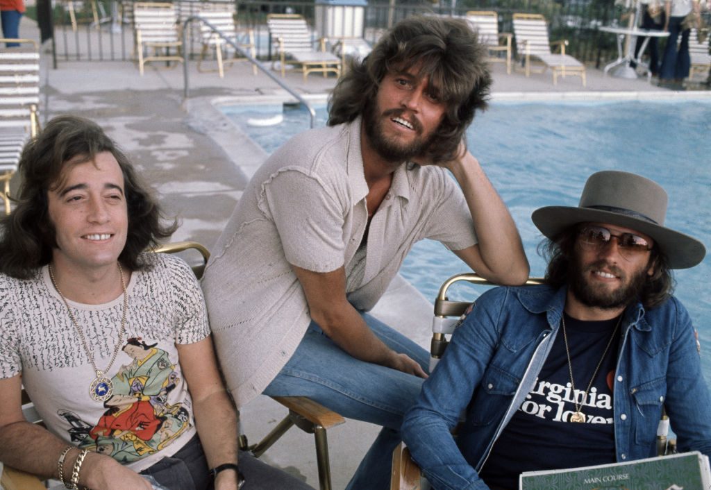 Pop vocal trio the Bee Gees, USA, 1975. Left to right: Robin, Barry and Maurice Gibb (1949 - 2003)