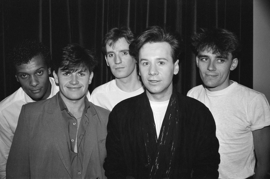 Simple Minds, Belfast, February 1984. Pictured from left: Mel Gaynor, Charlie Burchill, Derek Forbes, Jim Kerr and Mick McNeill