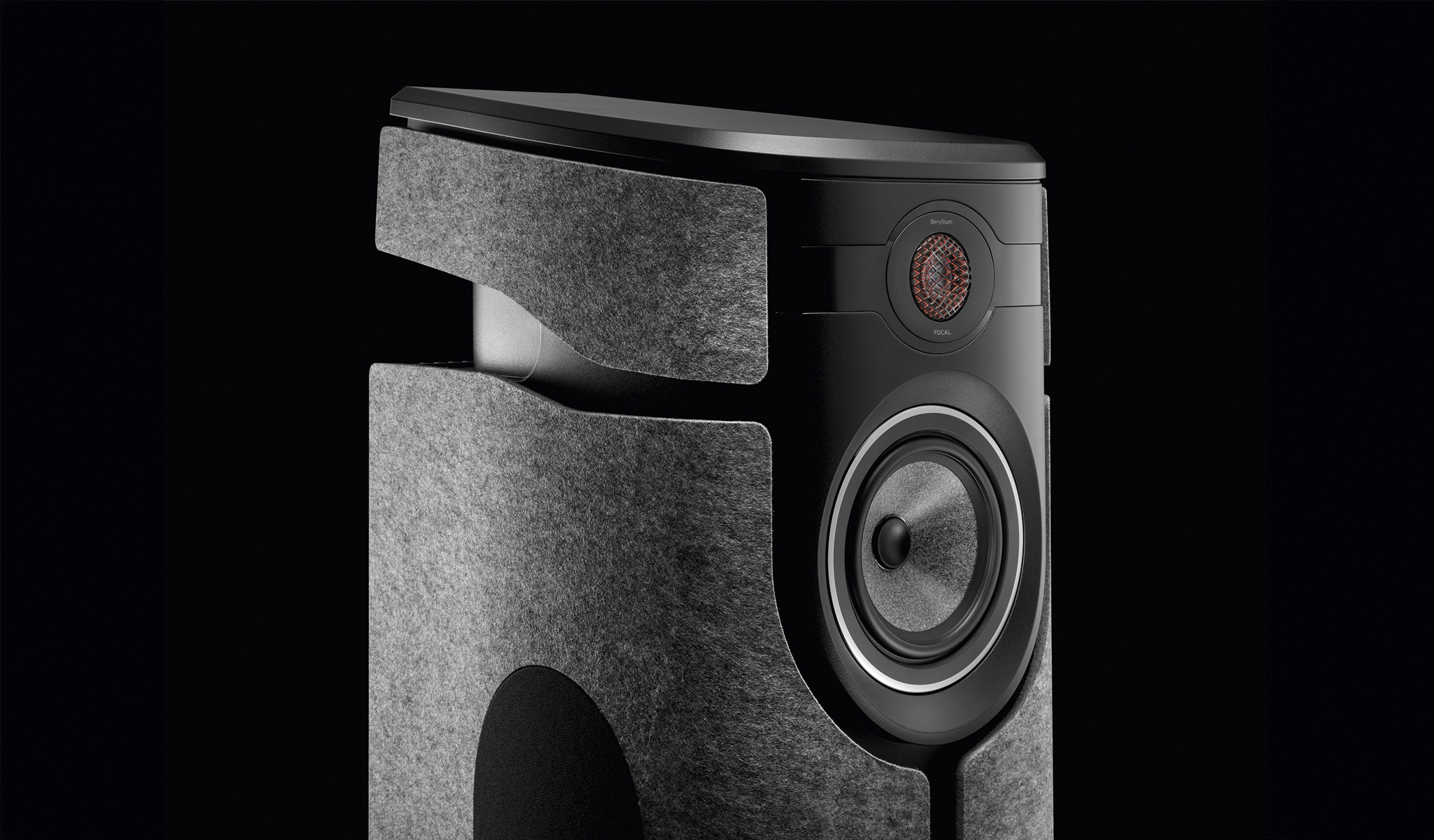 Dark grey upright speaker on a black background