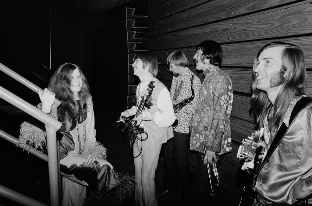 American blues and soul singer Janis Joplin backstage with the Kozmic Blues Band at the Stax Records Christmas concert at the Mid-South Coliseum in Memphis, Tennessee, 20th December 1968
