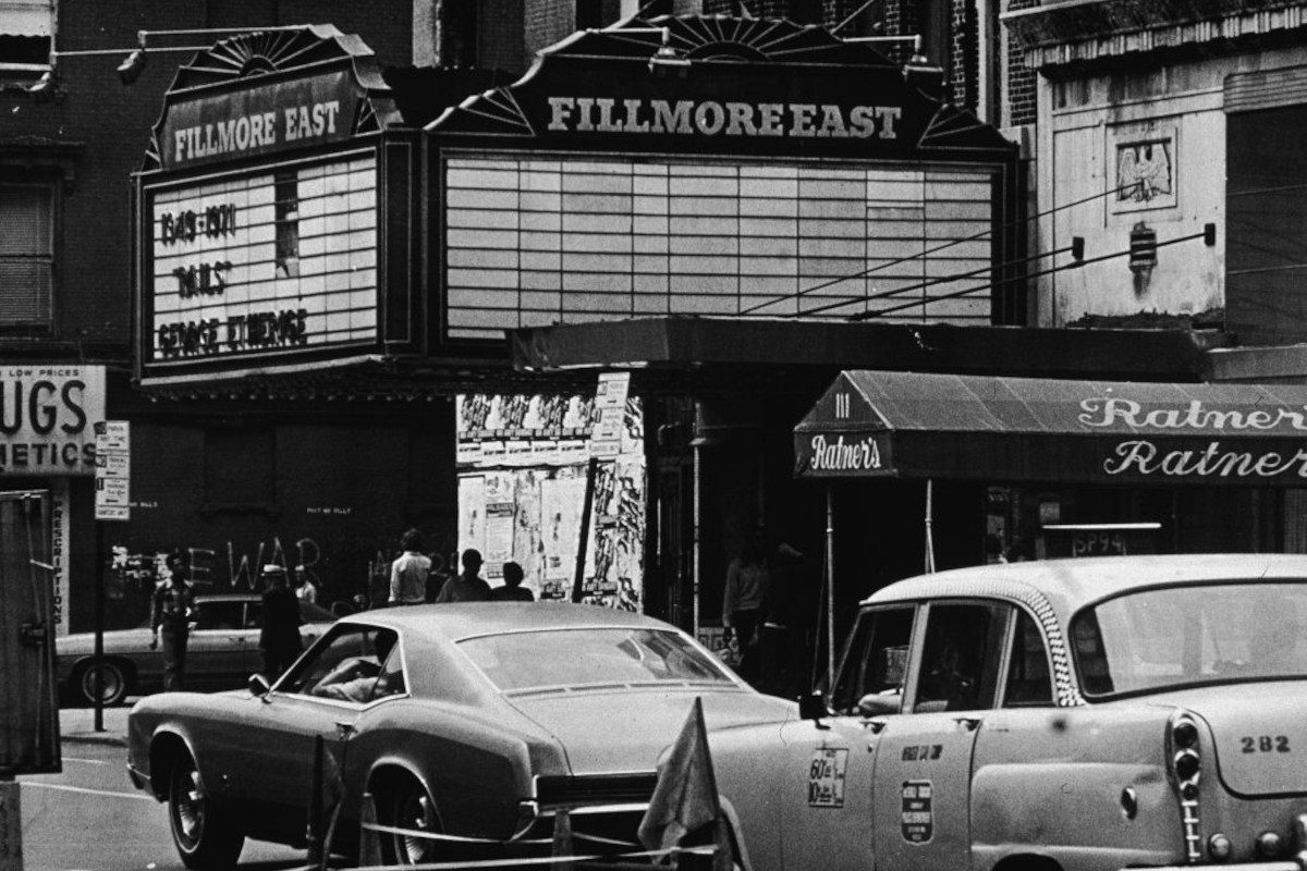 Exterior view of the Fillmore East theater, located at 2nd Avenue and East 5th Street, New York, circa 1970