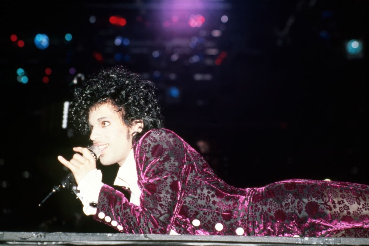 Prince performs onstage during the 1984 Purple Rain Tour on November 4, 1984, at the Joe Louis Arena in Detroit, Michigan