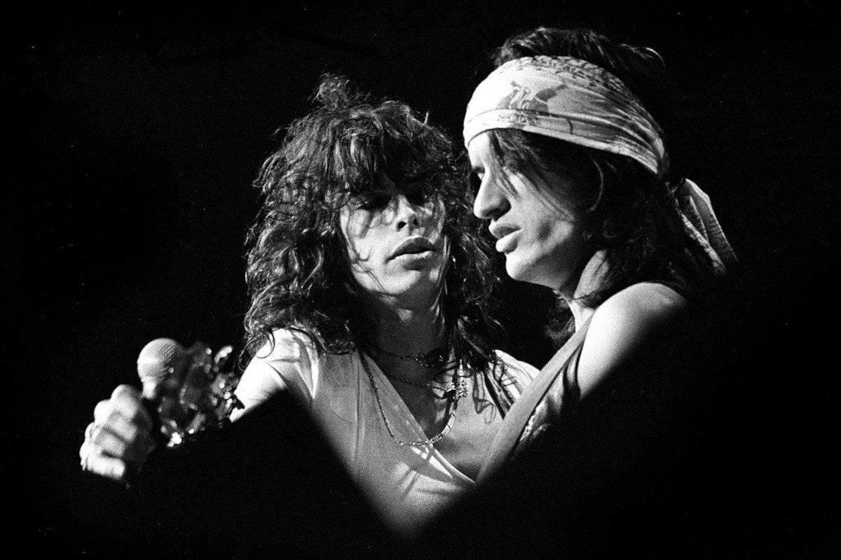 Aerosmith singer Steven Tyler and guitarist Joe Perry performing onstage at the Boston Garden on December 17, 1974