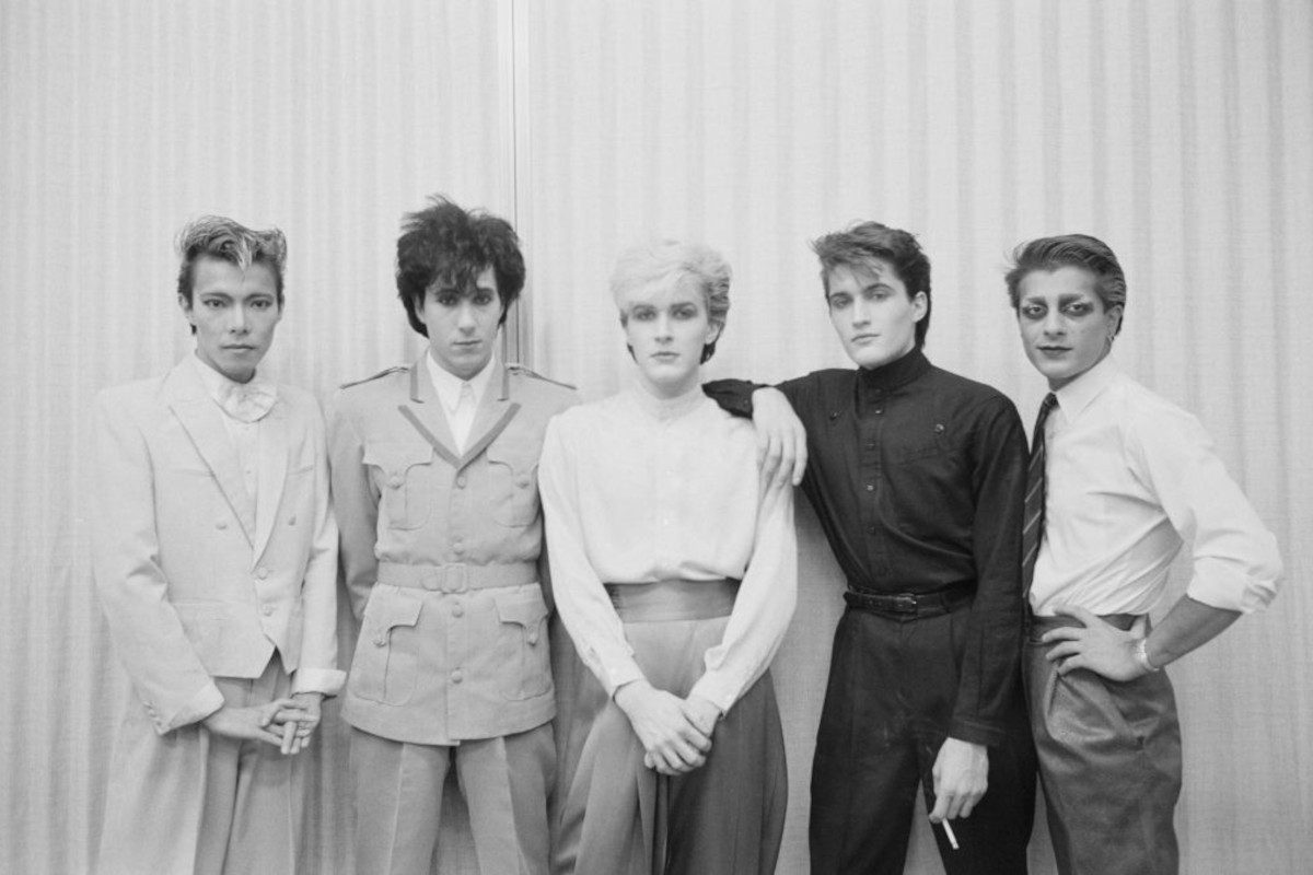 Japan pose together in Japan during their final tour in December 1982. Left to Right: Masami Tsuchiya, Richard Barbieri, David Sylvian, Steve Jansen, Mick Karn