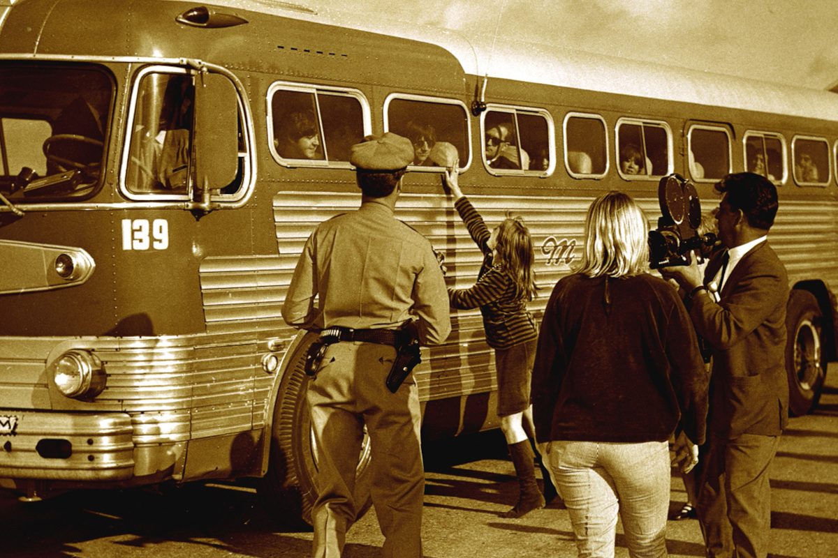The Beatles in their bus at Candlestick Park
