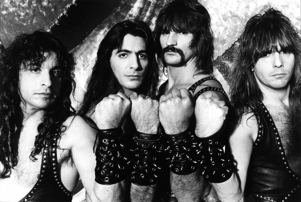 Manowar, band, October 1984. L-R Eric Adams, Joey DeMaio, Scott Columbus and Ross the Bos