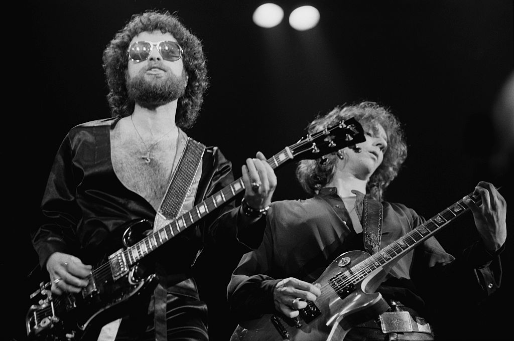 Eric Bloom (left) and Allen Lanier (1946 - 2013) performing with American rock group Blue Oyster Cult, USA, 14th January 1978.