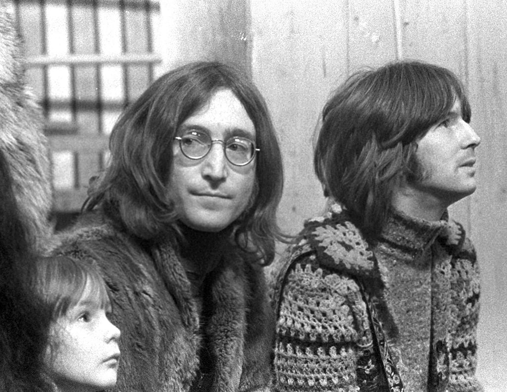 John Lennon with Julian Lennon and Eric Clapton at the Rolling Stones' 'Rock & Roll Circus' TV show filming, December 11 1968