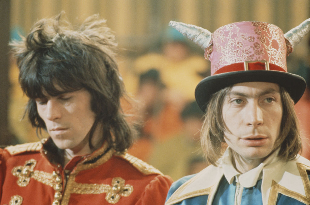Keith Richards (left) and Charlie Watts on the set from The Rolling Stones pose on the set of the Rolling Stones Rock and Roll Circus at Intertel TV Studio in Wembley, London on 11th December 1968