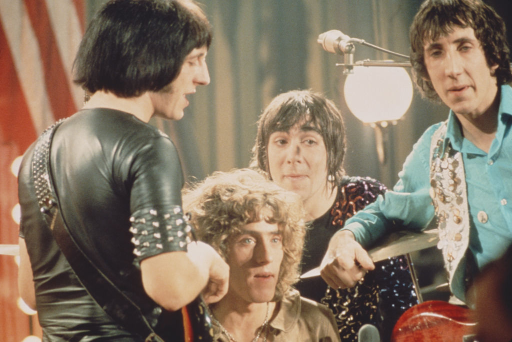 The Who pose together on the set of the Rolling Stones Rock and Roll Circus at Intertel TV Studio in Wembley, London on 11th December 1968. Left to right: John Entwistle (1944 - 2002), Roger Daltrey, Keith Moon (1946 - 1978) and Pete Townshend