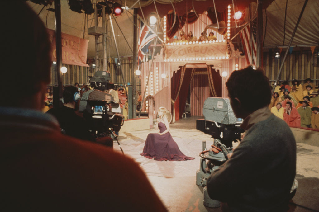 English singer Marianne Faithfull poses on the set of the Rolling Stones Rock and Roll Circus at Intertel TV Studio in Wembley, London on 11th December 1968