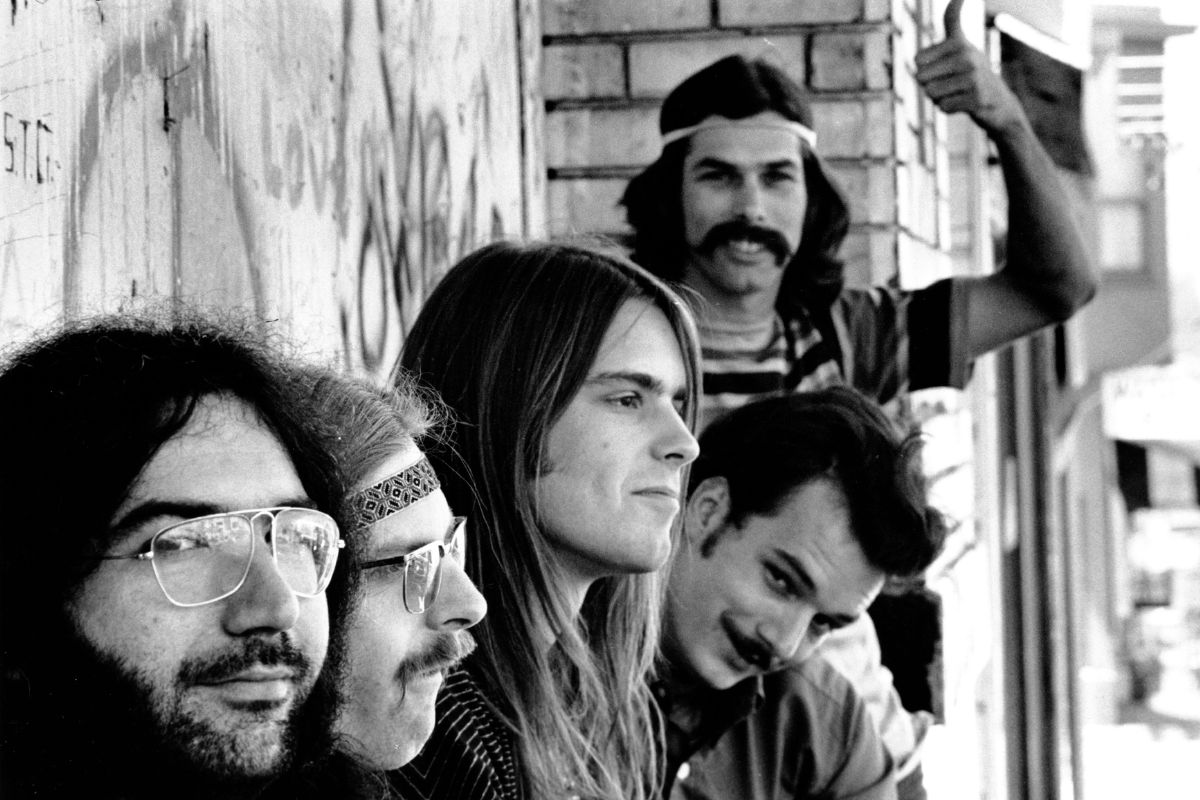 Grateful Dead 1968: L-R: Jerry Garcia, Phil Lesh, Bob Weir, Bill Kreutzmann and Mickey Hart of The Grateful Dead hang outside their practice studio, the New Potrero Theatre, San Francisco, 1968