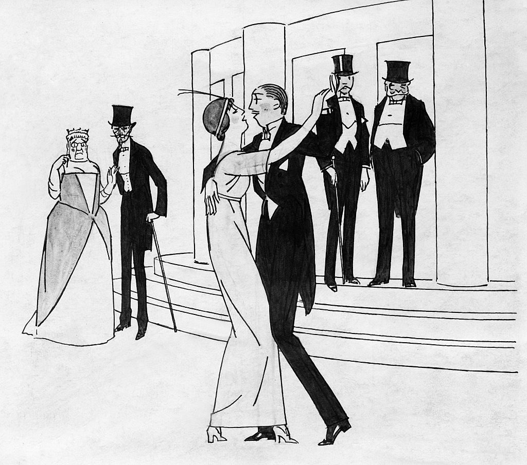 German cartoon of a couple dancing the tango while others look on disapprovingly, 1913