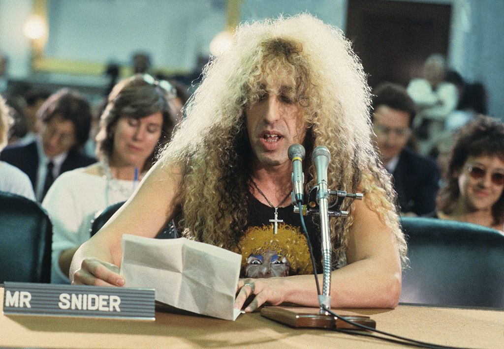 Dee Snider of American metal band Twisted Sister appears at the PMRC senate hearing at Capitol Hill, 19 September 1985
