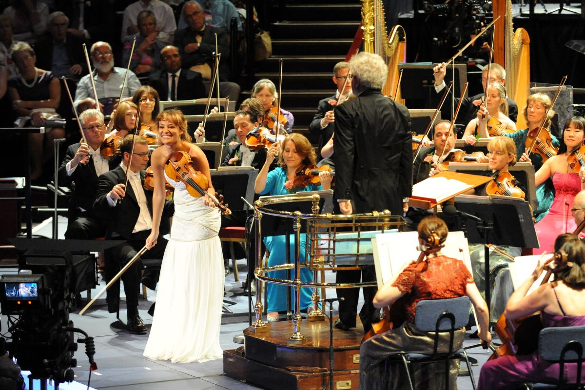 Nicola Benedetti performs on stage with Jiri Belohlavek and the BBC Symphony Orchestra during the Last Night Of The Proms at Royal Albert Hall on September 8, 2012 in London, United Kingdom.