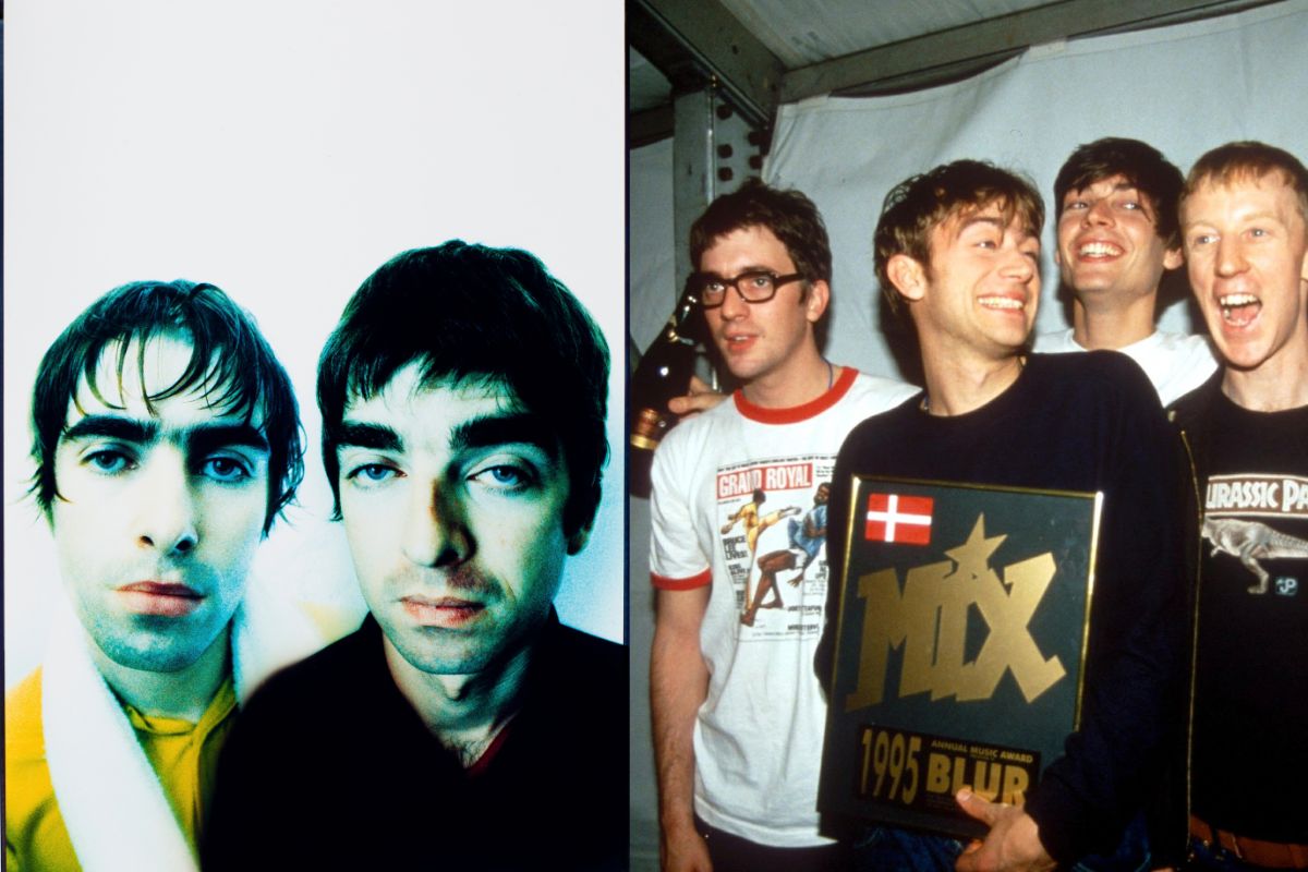 Oasis' Gallagher brothers (left) and Blur, both 1995