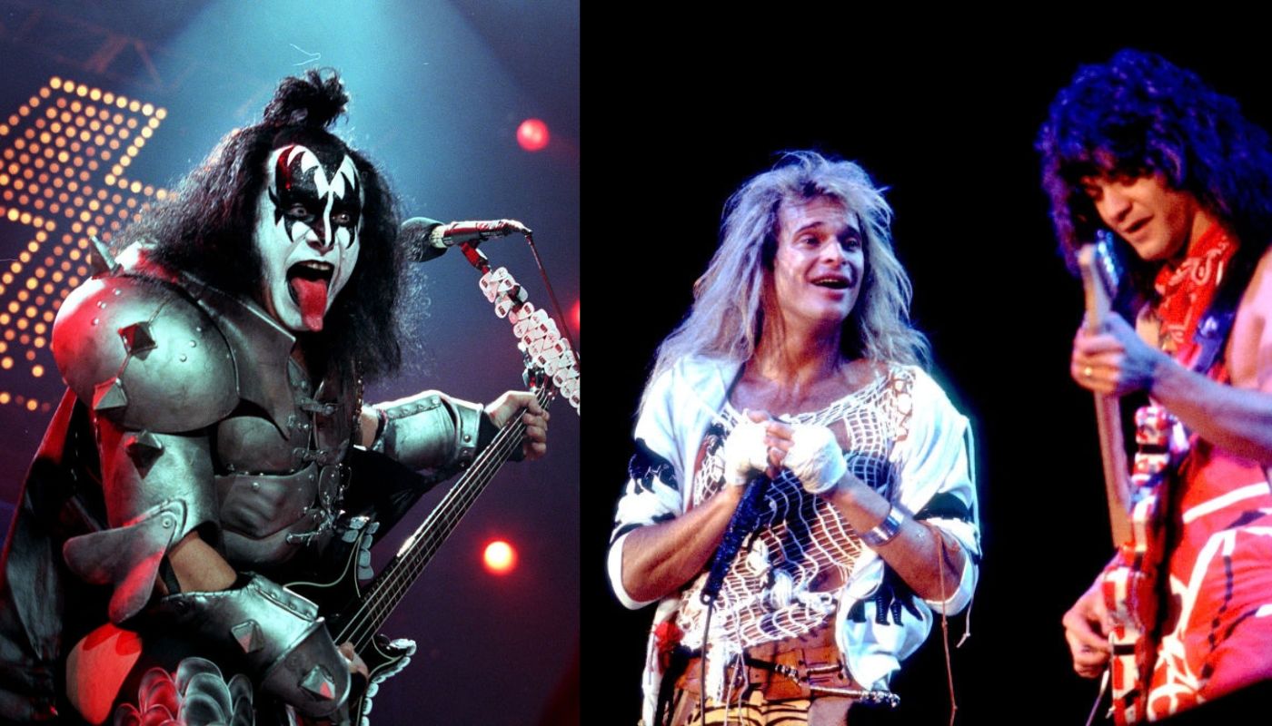 Gene Simmons (L), David Lee Roth and Eddie van Halen (R)
