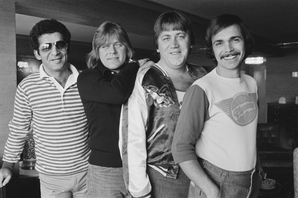 Members of American rock band Chicago, UK, 4th November 1976; L-R musician and producer Laudir de Oliveira, singer-songwriter and bassist Peter Cetera, guitarist and singer Terry Kath (1946-1978), drummer Danny Seraphine