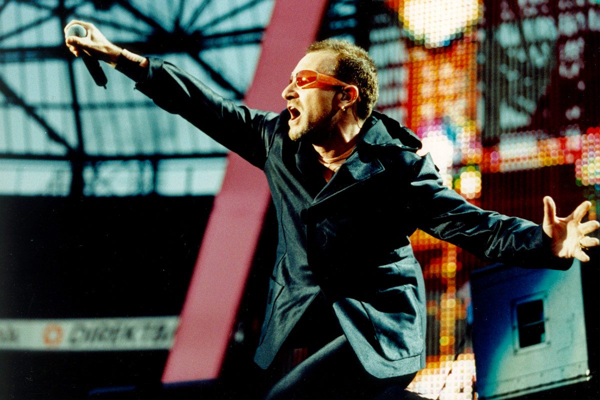 Bono performing live during the PopMart tour, 1997