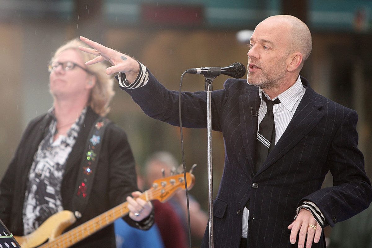 Mike Mills and Michael Stipe of R.E.M. perform on NBC's Today Show at Rockefellar Plaza in New York City on April 1, 2008