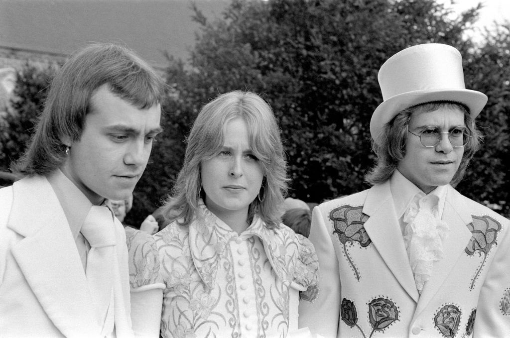 Elton (right) as best man to his songwriting partner Bernie Taupin, who married 19 year old American student Maxine Feibelman on Saturday March 27, 1971 in Lincolnshire, England