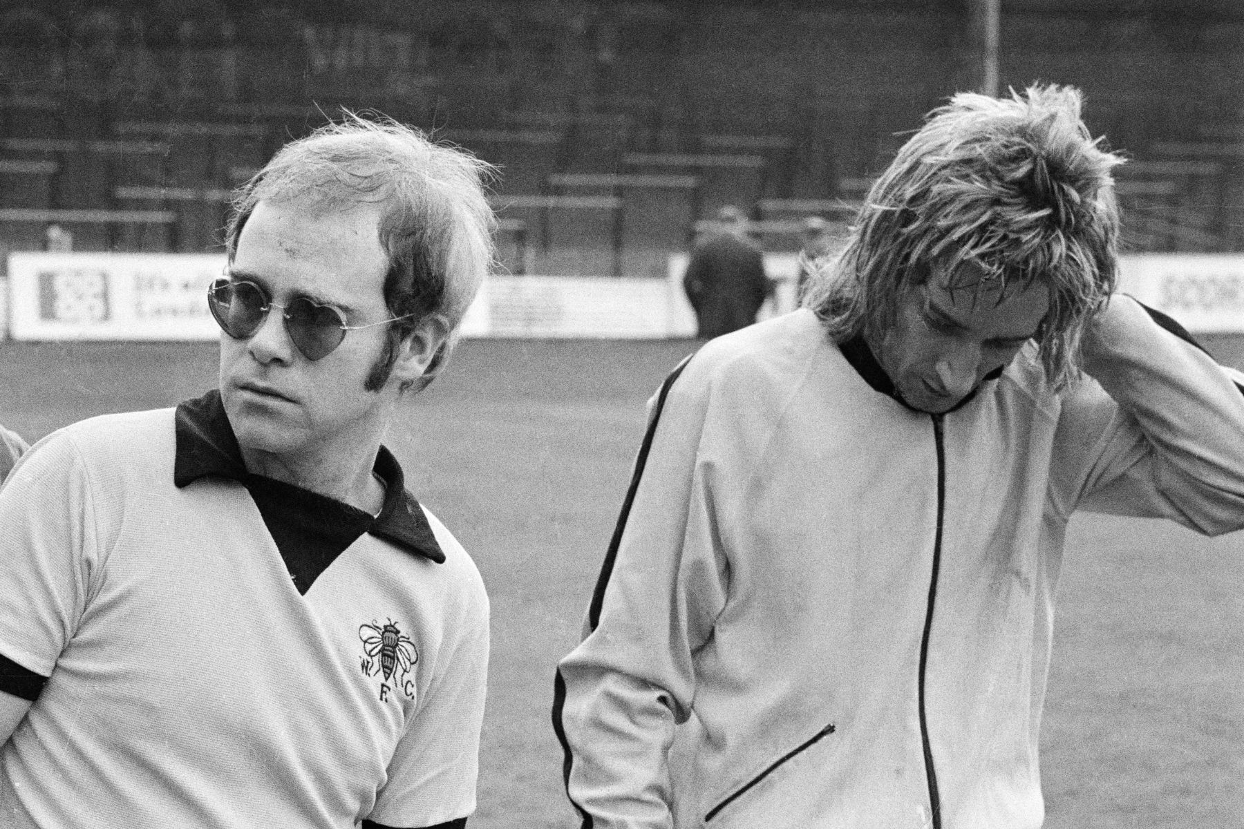 Elton John and Rod Stewart training at Watford Football Club 1973